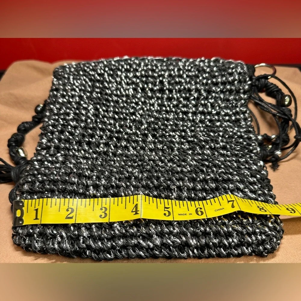 Sun’N’Sand Black Crochet/Woven Crossbody Bag with Metallic Silver Thread & Beads